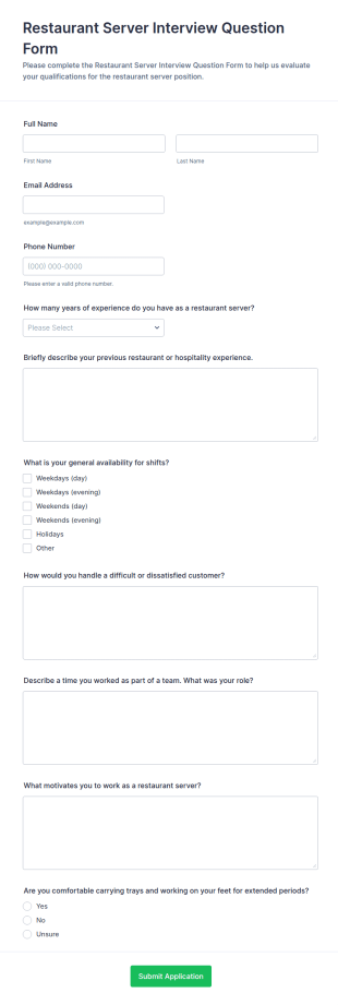 Restaurant Server Interview Question Form Template
