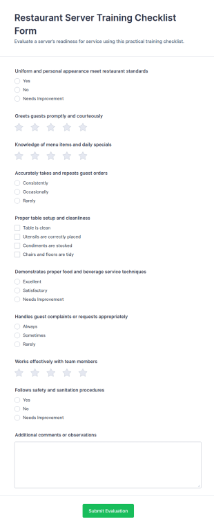 Restaurant Server Training Checklist Form Template