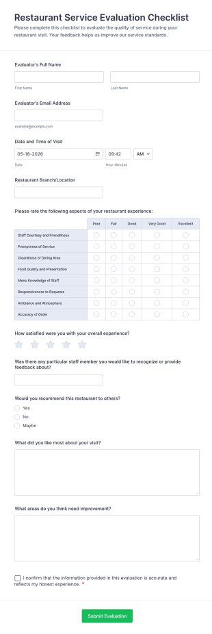 Restaurant Service Evaluation Checklist Form Template