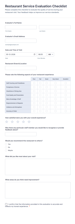 Restaurant Service Evaluation Checklist Form Template