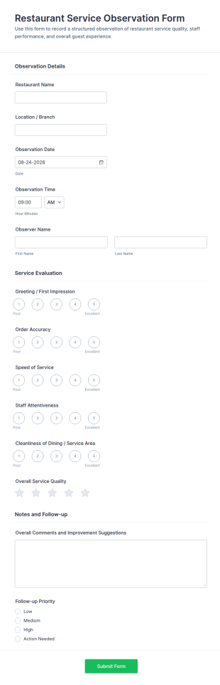 Restaurant Service Observation Form Template