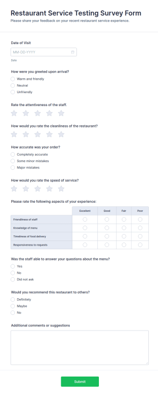 Restaurant Service Testing Survey Form Template