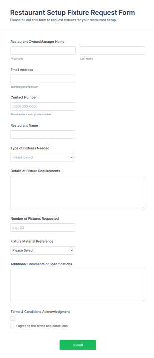 Restaurant Setup Fixture Request Form Template
