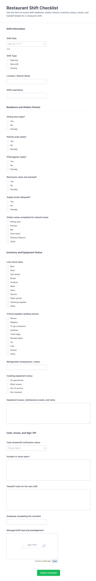 Restaurant Shift Checklist Form Template