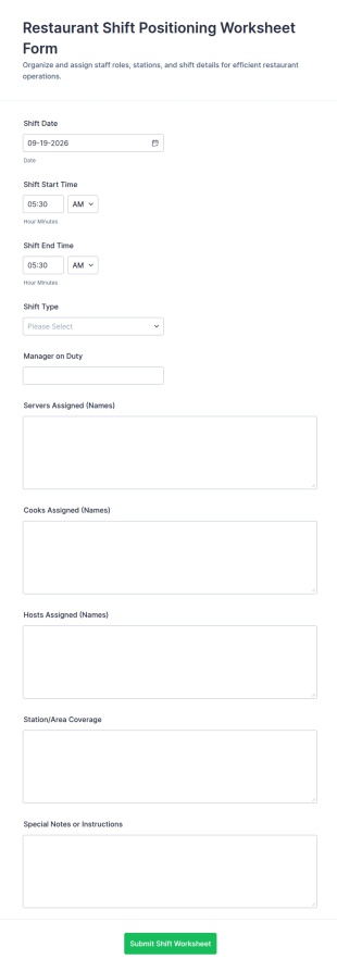 Restaurant Shift Positioning Worksheet Form Template