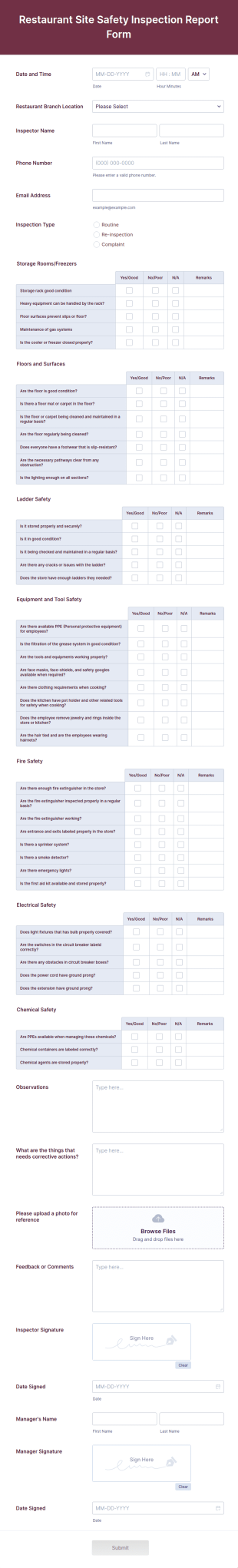 Restaurant Site Safety Inspection Report Form Template