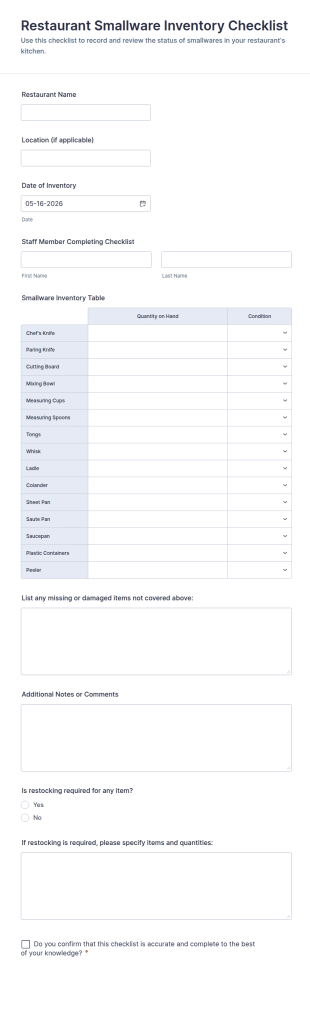 Restaurant Smallware Inventory Checklist Form Template