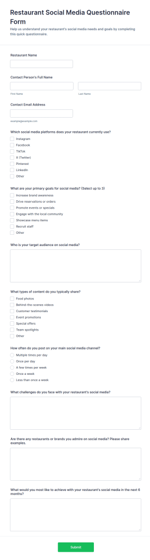 Restaurant Social Media Questionnaire Form Template