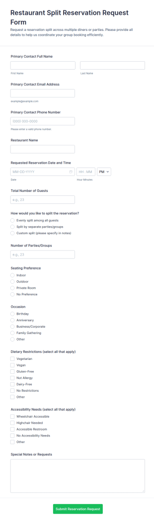 Restaurant Split Reservation Request Form Template