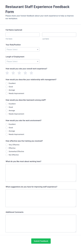 Restaurant Staff Experience Feedback Form Template