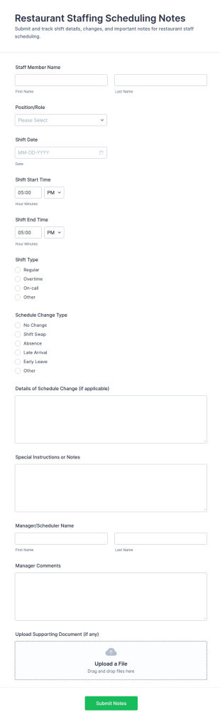 Restaurant Staffing Scheduling Notes Form Template
