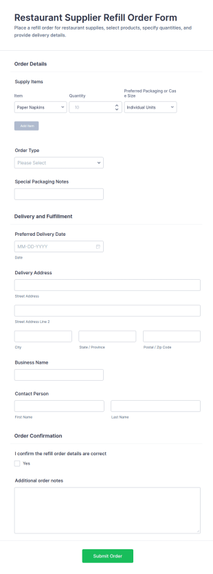Restaurant Supplier Refill Order Form Template