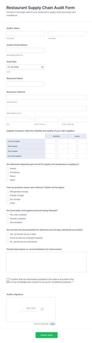 Restaurant Supply Chain Audit Form Template