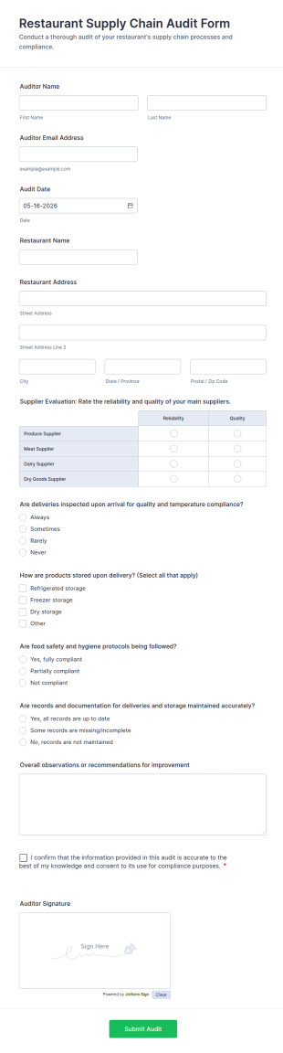 Restaurant Supply Chain Audit Form Template