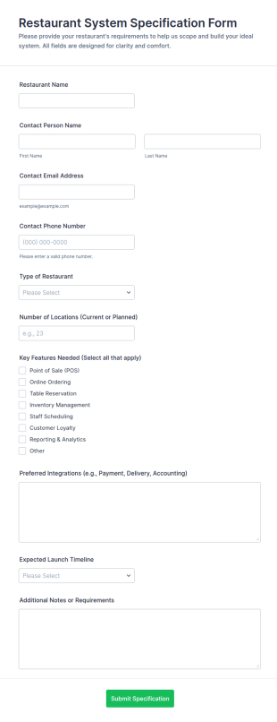 Restaurant System Specification Form Template