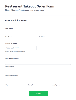 Restaurant Takeout Order Form Template
