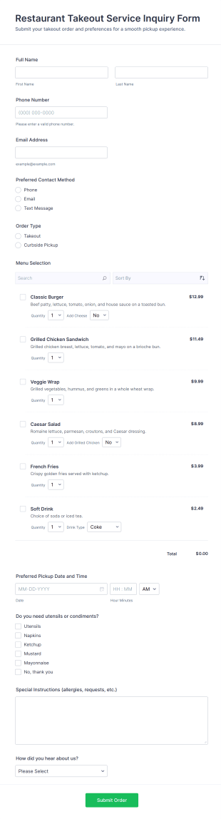 Restaurant Takeout Service Inquiry Form Template