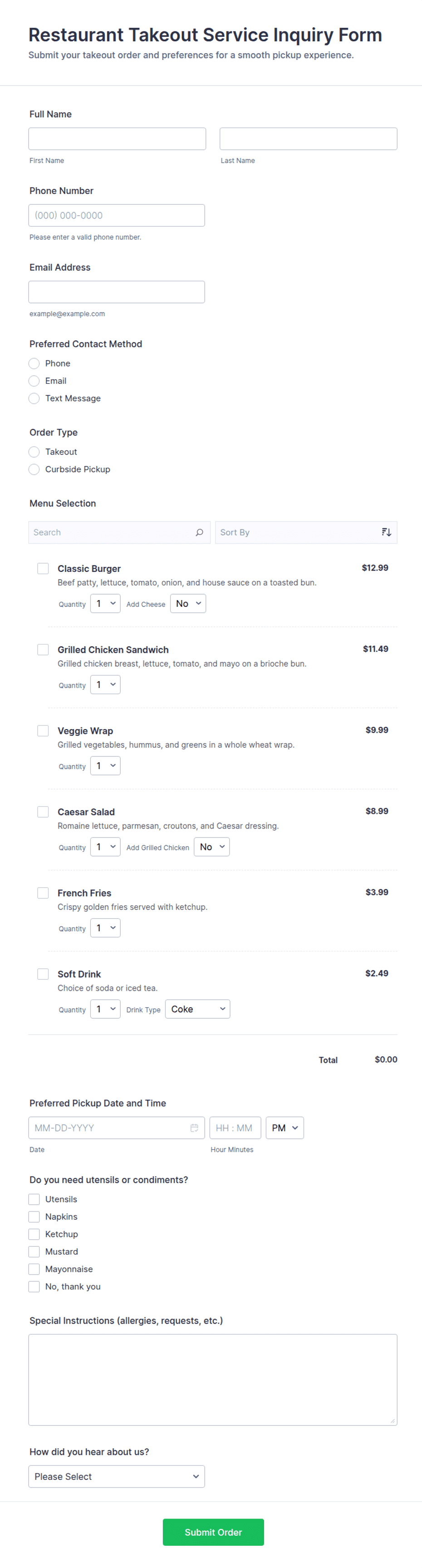 Menu Inquires Restaurant Takeout Service Inquiry Form Template | Jotform
