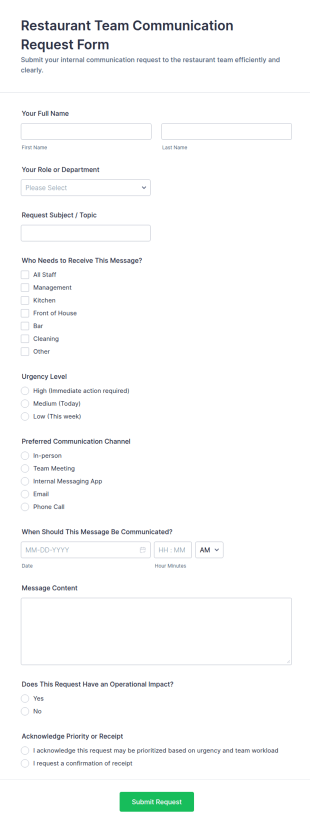 Restaurant Team Communication Request Form Template