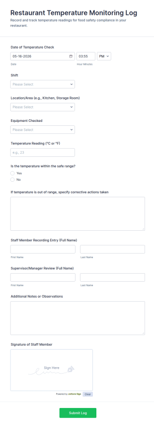 Restaurant Temperature Monitoring Log Form Template