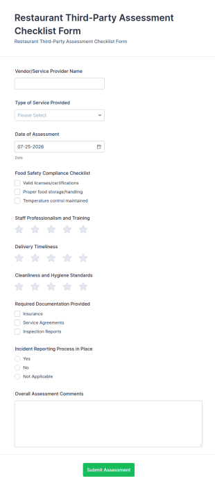 Restaurant Third Party Assessment Checklist Form Template