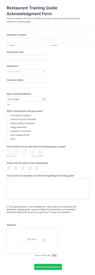 Restaurant Training Guide Acknowledgment Form Template