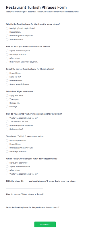 Restaurant Turkish Phrases Quiz Form Template