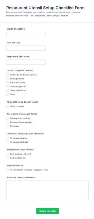 Restaurant Utensil Setup Checklist Form Template