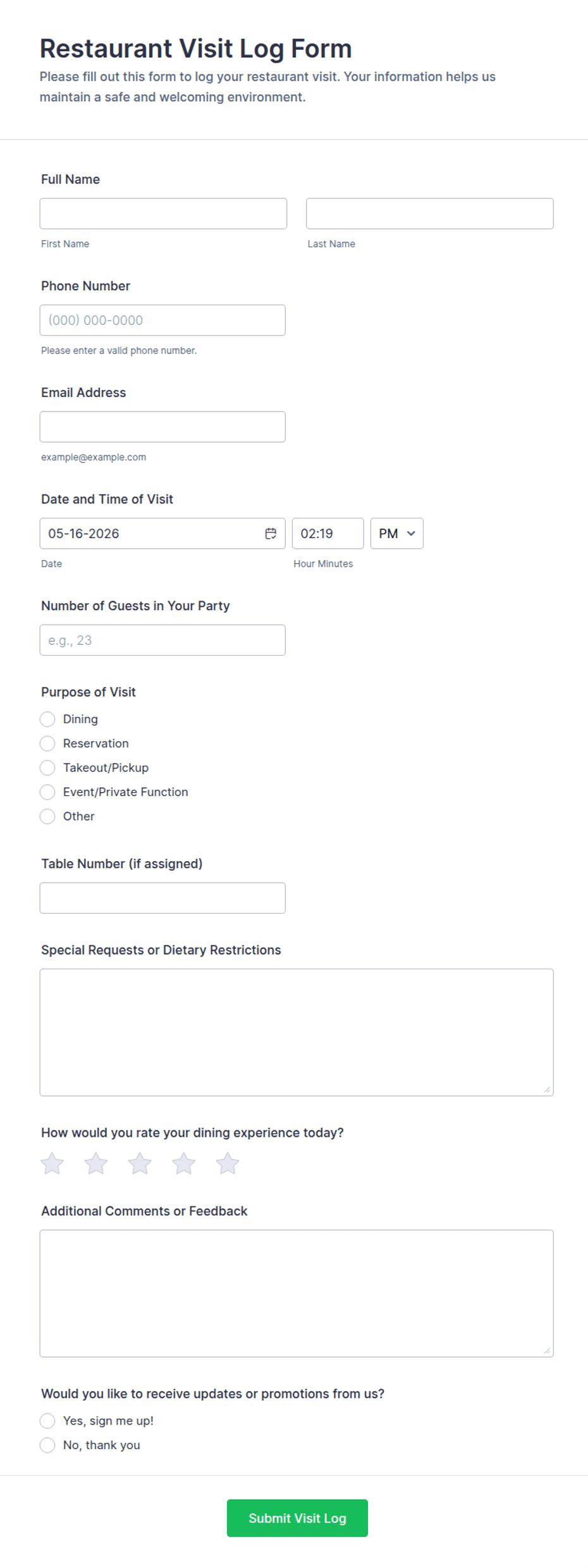 Restaurant Visit Log Form Template | Jotform