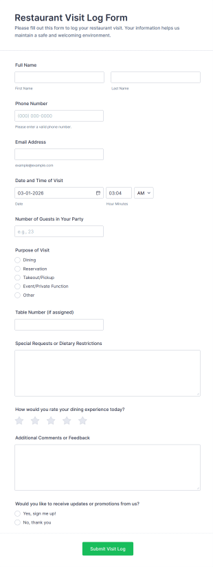 Restaurant Visit Log Form Template