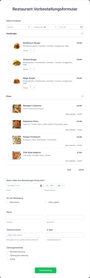Restaurant Vorbestellungsformular Form Template