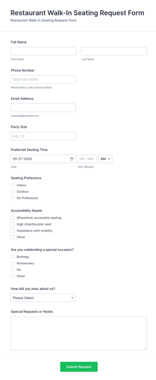 Restaurant Walk In Seating Request Form Template