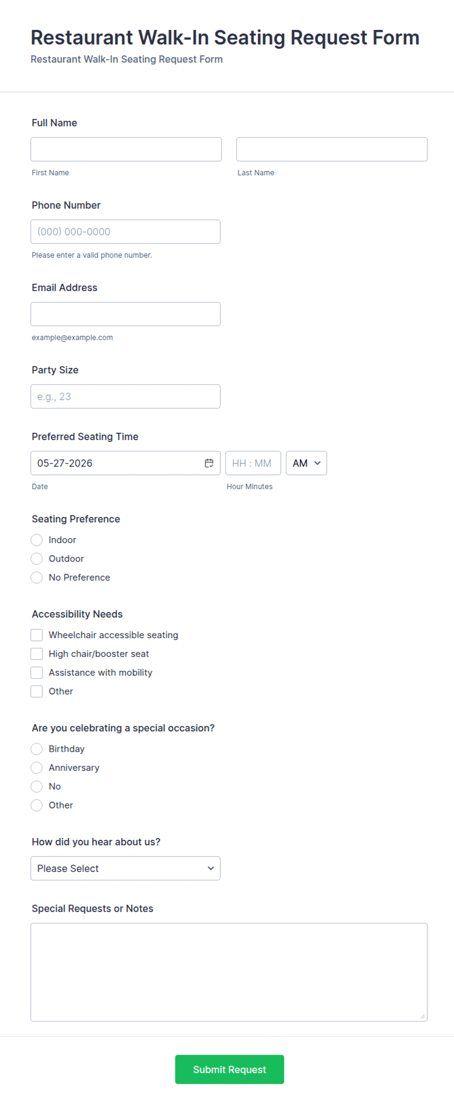 Walk In Form Template Restaurant Walk-In Seating Request Form Template | Jotform