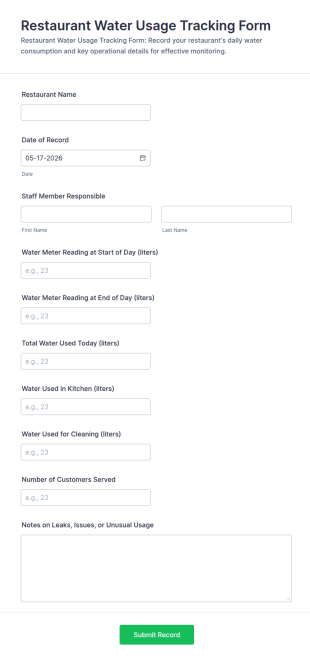 Restaurant Water Usage Tracking Form Template