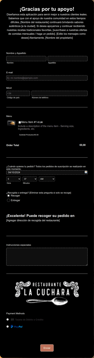 Restaurante La Cuchara Comida Para Llevar Form Template