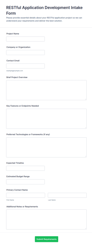RESTful Application Development Intake Form Template