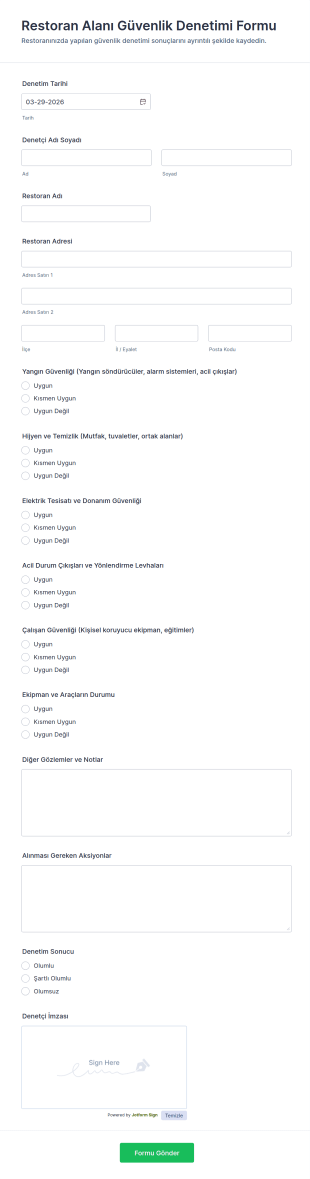 Restoran Alanı Güvenlik Denetimi Form Şablonu