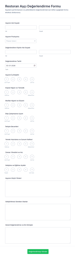 Restoran Aşçı Değerlendirme Form Şablonu