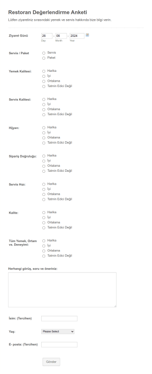Restoran Değerlendirme Anketi Form Template