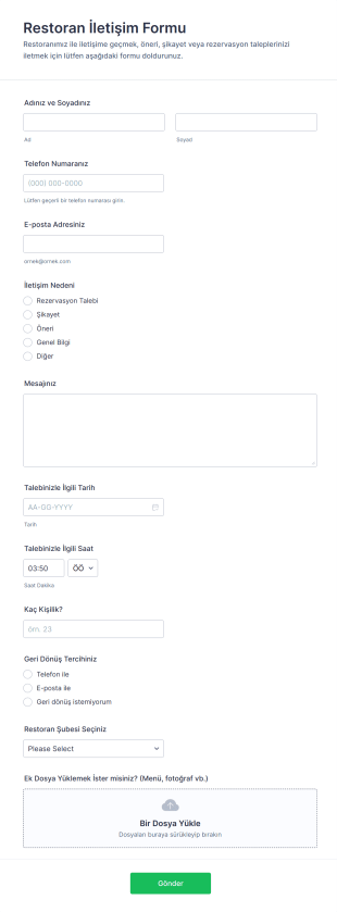 Restoran İletişim Form Şablonu