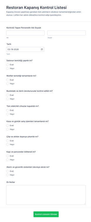 Restoran Kapanış Kontrol Listesi Form Şablonu