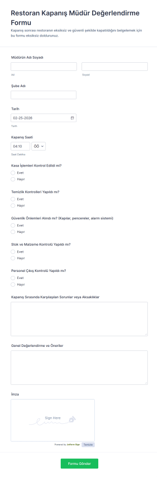 Restoran Kapanış Müdür Değerlendirme Form Şablonu