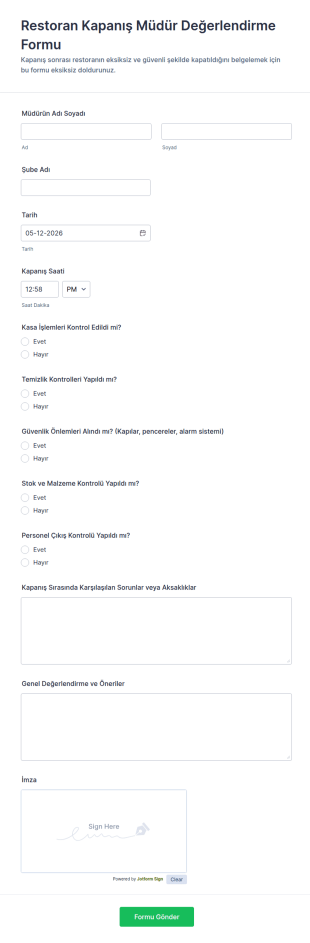 Restoran Kapanış Müdür Değerlendirme Form Şablonu