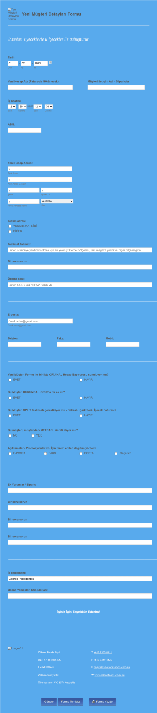 Restoran Müşteri Detayları Form Template