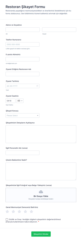 Restoran Şikayet Form Şablonu