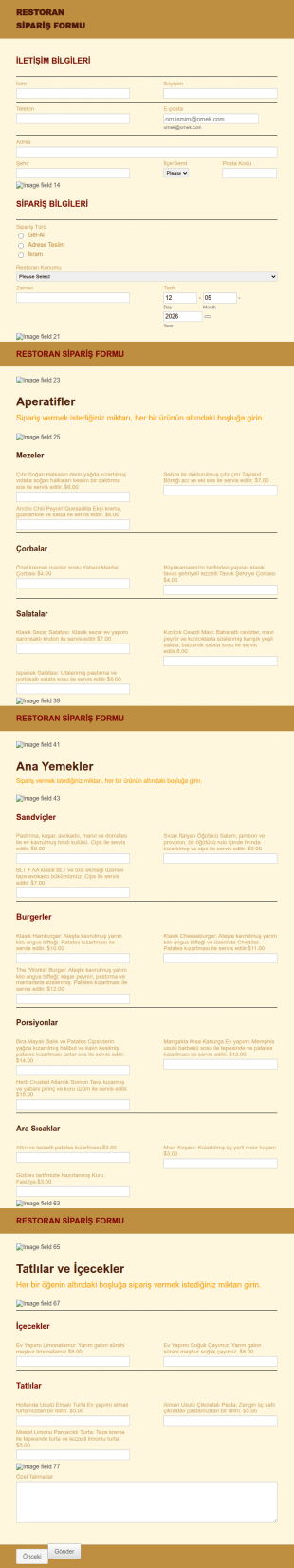 Restoran Sipariş Form Şablonu