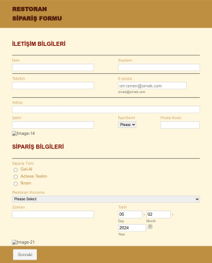 Restoran Sipariş Form Template