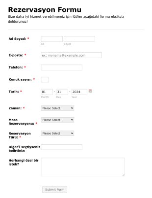 Restoran Ön Rezervasyon Form Template