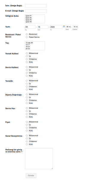 Restorant Oneri Form Template
