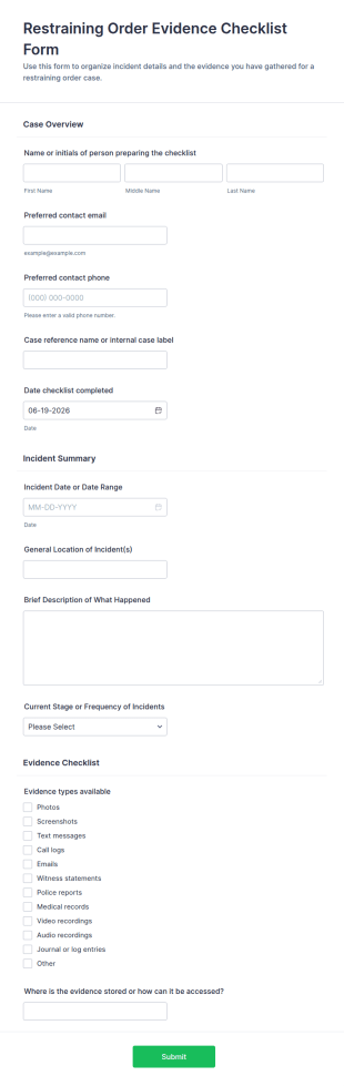 Restraining Order Evidence Checklist Form Template